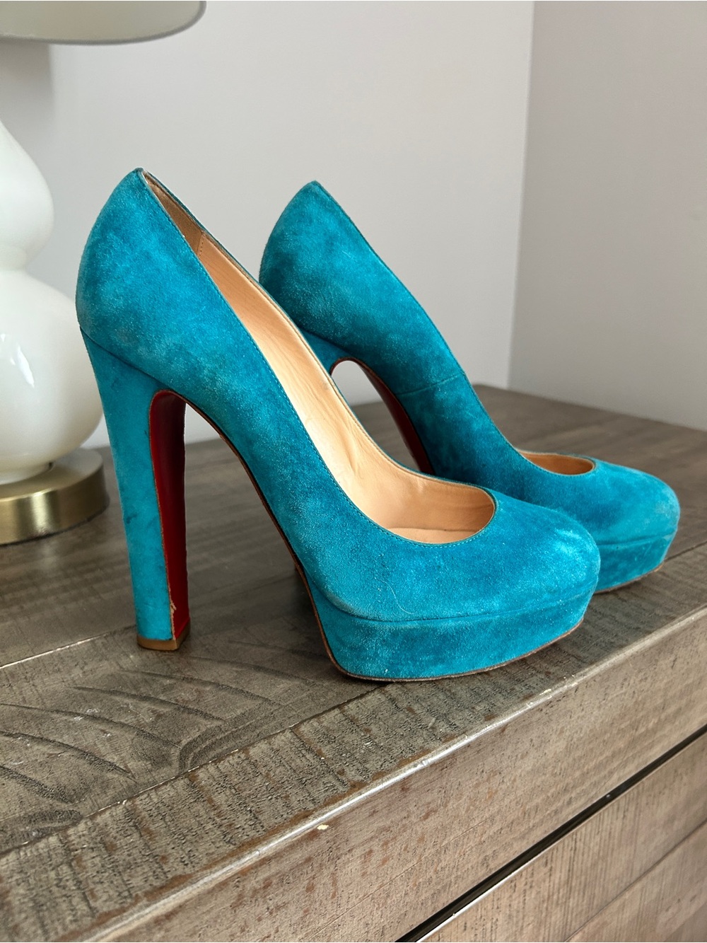 Christian Louboutin Teal Suede Platform Pumps with Red Sole